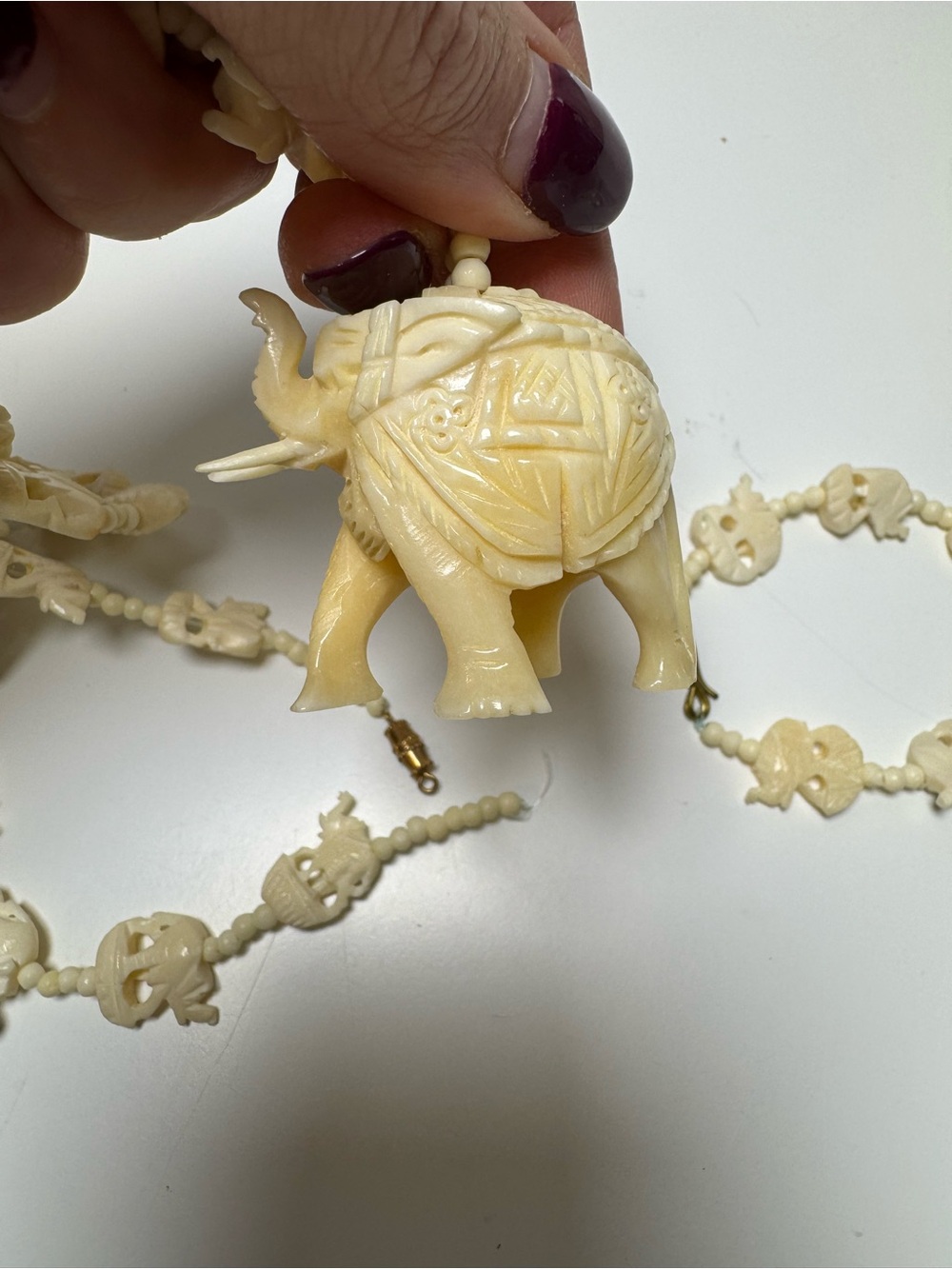 Vintage Carved Bone Lucky Elephant Jewelry Set (Necklace needs restrung)